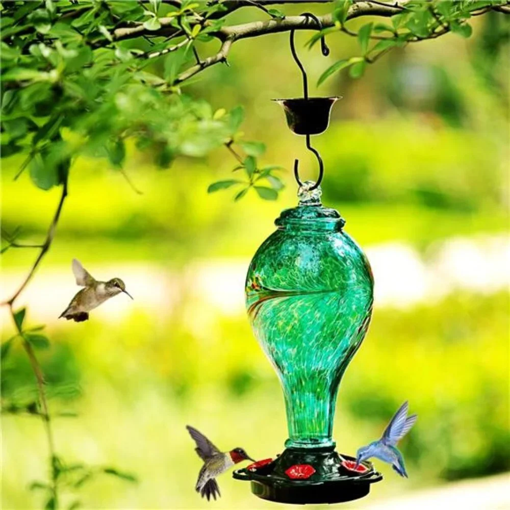 Hummingbird Feeder, Hand Blown Glass Hummingbird Feeder, Never Fade, 36 Ounces